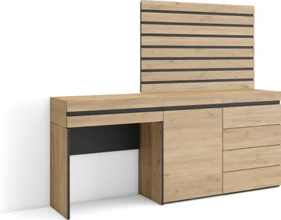 Produktbild von Schminktisch, 177x35x145 cm, mit Schublade, Kommode mit Schubladen, Lamellenwand Holz, Eiche farbe