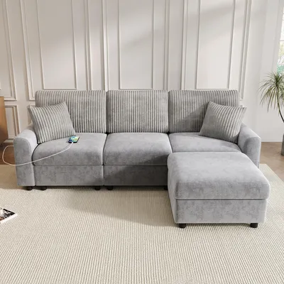Image de Canapé moderne Merax 3 places, canapé d'angle en L avec pouf, canapé en velours chenille, port USB Type-C, avec coussins, grand canapé de salon, gris