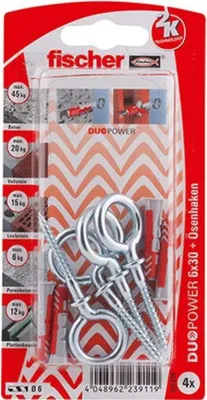 Produktbild von Dübel DUOPOWER 6x30 OH K (hellgrau/rot, 4 Stück, mit Ösenhaken)