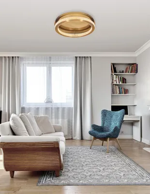 A living room scene with a sofa, armchair, rug, and bookshelf.
