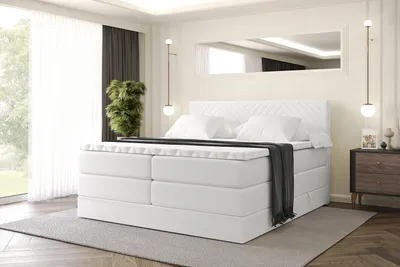 Produktbild von ALTDECOR Boxspringbett mit Matratze und Lattenrost, Topper, Polsterbett mit Bettkasten, Bett mit Stauraum H3- und H4- Matratze, Doppelbett, Springboxbett -VEXA KING-140x200 - Weiß Kunstleder