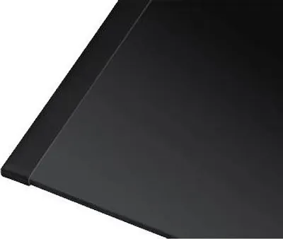 A close-up, angled view of a black product, likely a side panel or trim, against a white background.