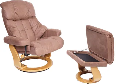 A recliner chair and its matching ottoman are displayed against a white background.