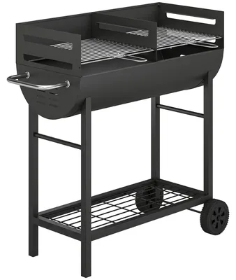 Produktbild von Holzkohlegrill Grillwagen mit 2 Grillzonen höhenverstellbarer Grillrost Holzablage Räder Seitengriff, 103 x 46,5 x 100cm