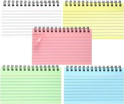 Produktbild von 5 Stück A5 Indexkarten - Vielfarbige Flashkarten für das Wiederholen - 7 x 15 cm - Spiralgebunden - Für Schule und Besprechungen geeignet - Gedächtnisstütze und Rezepte - Set von 5