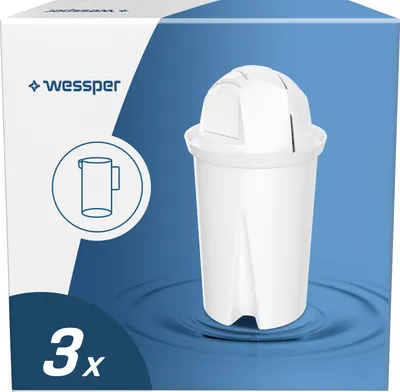A product box for water filter cartridges, featuring an illustration of a water filter pitcher and a close-up of a filter cartridge.