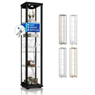 Image de K-Möbel Vitrine en verre debout en noir (176x37x33cm) avec 4 étagères en verre réglables en hauteur, miroir, serrure & LED - Vitrine debout