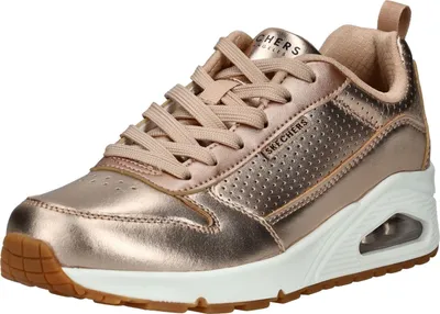 A single rose gold SKECHERS UNO-METALLIXS sneaker is shown from a side angle against a white background.
