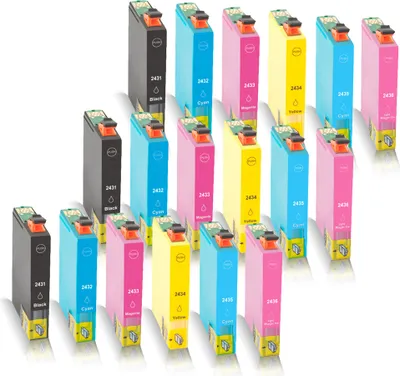 A collection of ink cartridges arranged in rows.