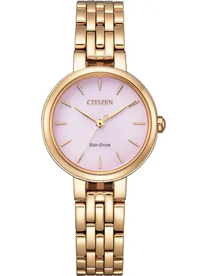 A close-up studio shot of a gold-colored Citizen Eco-Drive women's watch with a pink dial.