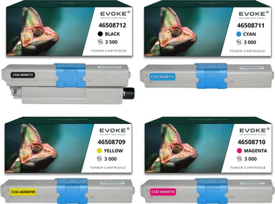 A collage of four toner cartridge boxes and their corresponding cartridges, each representing a different color (black, cyan, magenta, yellow).