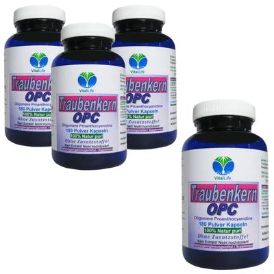Produktbild von Traubenkern OPC 720 (4x180) Pulver Kapseln NATUR Pur NICHT hochdosiert KEIN Extrakt OHNE Zusatzstoffe OHNE Füllstoffe.