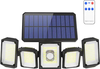 Produktbild von ROSNEK Solar-Außenleuchte mit Bewegungssensor, 3 Modi, IP65 Wasserdicht, Fernbedienung, Strahler zur Wandmontage, 5 Köpfe, 360° schwenkbar, Kaltweiß, ABS, 13.1x5.1 Zoll (33.5x13 cm)