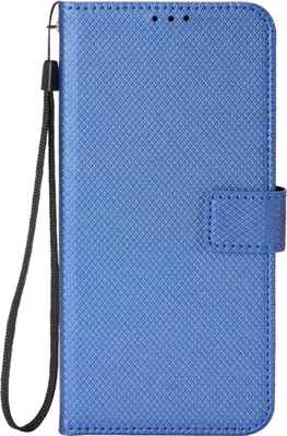 A blue flip-style phone case with a wrist strap.