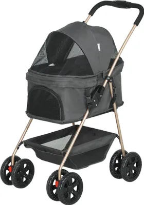 Produktbild von 3-in-1-Haustierkinderwagen, zusammenklappbarer Hundewagen mit 4 Rädern und abnehmbarer Trage für Hunde und Katzen, Grau