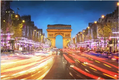 Produktbild von Wallario Wandbild Arc de triomphe in Paris bei Nacht, Größe: 61 x 91,5 cm, Poster mit rahmenlosen Bildhalter