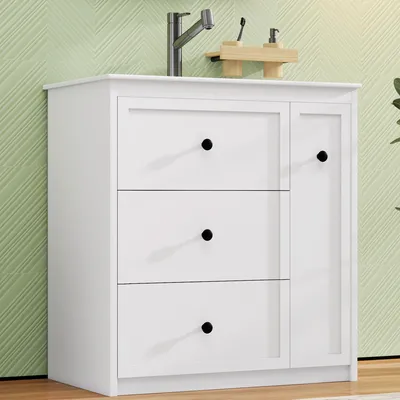 Zdjęcie produktu dla Szafka podumywalkowa Merax z umywalką ceramiczną, 4 szufladami, wolnostojąca szafka łazienkowa, meble łazienkowe, 76,2 x 46,2 x 82 cm, biała