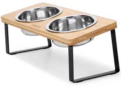 Produktbild von Ohpets® Hundenapf mit Bambusständer – 2 Edelstahlnäpfe – 33 x 15 x 13 cm