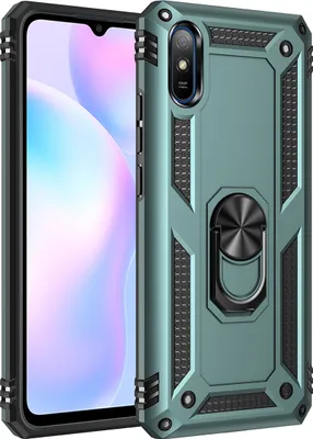Produktbild von LaimTop Schutzhülle für Redmi 9A, Dual Layer Robust Militäre Fallschutz Hülle mit Ringhalterung Ständer für Xiaomi Redmi 9A Grün