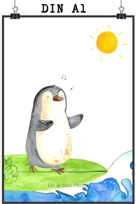 Produktbild von Mr. & Mrs. Panda Bild Pinguin Surfer DIN A1 - Weiß - Geschenk, Posterdruck, kunstdruck poster, Hawaii, Portugal, Optimistisch, Motiviert, Wandbild, wanddeko, Urlaub
