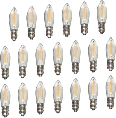 Produktbild von Erzgebirgslicht - AUSWAHL - 20 Stück LED Filament Topkerze 55 V 0,2 W für INNEN, für 4 Brennstellen E10 Riffelkerze Ersatzbirne Glühbirne Glühlämpchen für Lichterketten Pyramide Schwibbogen