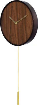 A minimalist wooden pendulum clock with gold hands against a white background.