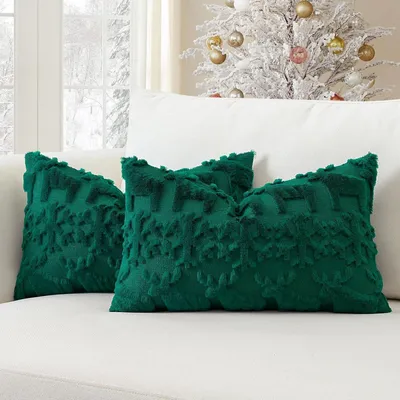 Produktbild von 2er Set Kissenbezüge Plüsch Wollsamt Grün 30x50cm Schneeflocken Elch
