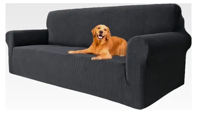 Produktbild von Hochdehnbarer Sofaüberzug für 3-Sitzer, rutschfester Couchbezug, elastische Sofahusse, waschbare Sofacover mit Armlehnen, dunkelgrau