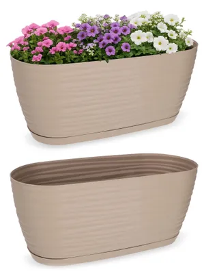 Produktbild von KADAX Blumentopf mit Untersetzer "Temara", Blumenkübel, Pflanztopf aus Kunststoff, Übertopf, oval, 27 cm, Beige