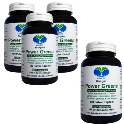 Produktbild von Green Power Greens Top8 Chlorophyll Supergreens 720 Pulver Kapseln Alfalfa Brennnessel Chlorella Gerstengras Löwenzahn Matcha Spirulina Weizengras.