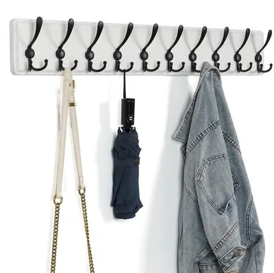 Image de Porte-crochets mural en bois avec 10 crochets doubles pour vêtements, vestes, chapeaux, sacs à dos, salle de bain, chambre, cuisine