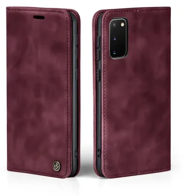 A burgundy flip case for a smartphone is shown from two angles.