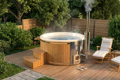 Produktbild von FinnTherm Holz Badefass Stockholm aus Thermoholz, Hot Tub Ø 180 cm, 8 Personen, inkl. Edelstahl-Ofen (30 kW), Minibar, Schwimmbecken, Badebottich, Badezuber