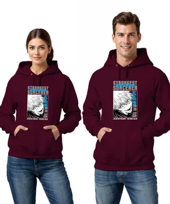 Imagen del producto de Sudadera con capucha uni, diseño de Satoru Gojo de Jujutsu Kaisen, el hechicero más poderoso, estilo anime/manga, color burdeos, talla M