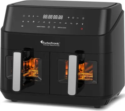 Produktbild von TurboTronic Heißluftfritteuse XXL doppel Airfryer 1600W / 9L (2x 4,5L Kammer) 10 Programme digitale Heißluft Fritteuse ohne Fett Öl Dual Luftfritteuse Air Friteuse Power