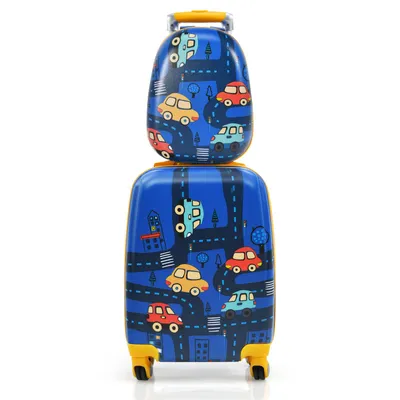 Produktbild von COSTWAY 2tlg Kinderkoffer + Rucksack, Kindertrolley aus Kunststoff, Kindergepäck, Kinder Kofferset (Blau, 12"+18")