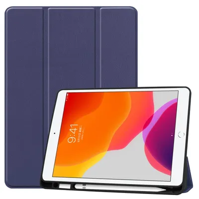 Produktbild von Mobigear Dreifach-Faltetui für iPad 9 (2021) aus TPU und Kunstleder, Klapphülle mit Stifthalter - Dunkelblau
