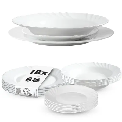 Produktbild von KADAX Geschirrservice 18-teilig, Geschirrset für 6 Personen, Tafelservice mit Suppenteller, Dessertteller & Speiseteller, Tellerset aus Opalglas, Geschirr Set (Weiß)