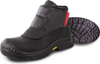 A black work boot with a red accent and a separate sole are shown against a white background.