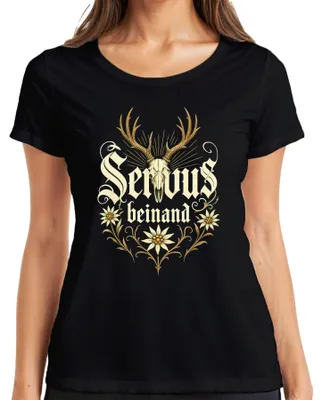 Imagen del producto de Camiseta para mujer, diseño "Servus", con motivos de ciervo, Edelweiss y elementos bávaros, estilo "Lederhose" y "Dirndl", color , talla L