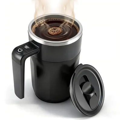 Produktbild von 400ml Selbstrührender Kaffeebecher mit Temperaturanzeige – Wiederaufladbar, Automatischer Rührbecher mit Deckel für Kaffee, Milch & Getränke, Schwarz