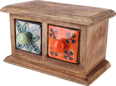 Produktbild von Apothekerschränkchen mit Bunten Keramik Schubfächern, Gewürzkiste - 2 Fächer Modell 1, Braun, Holz, 11*17*10 cm, Dosen, Boxen & Schatullen