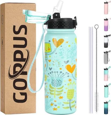 Produktbild von Famanu Wasserflasche 600 ml mit Strohhalm - isolierte Sportthermosflasche