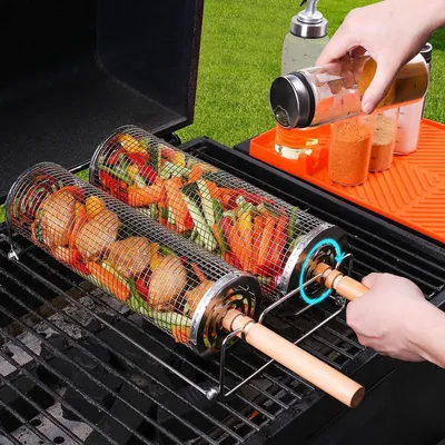 Produktbild von Grillzubehör, 30 cm Grillkorb, Grill, Grillgerät, Außengrill, Drehspieß, Campinggrill, Holzkohlegrill, Edelstahl