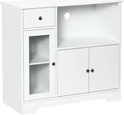 Image de HOMCOM Meuble micro-ondes, buffet cuisine, armoire de rangement, pour cuisine, salle à Manger 90 x 40 x 82 cm verre trempé et bois, blanc