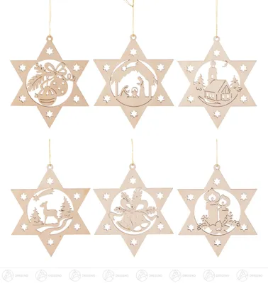 Produktbild von Baumschmuck Behang Weihnachtsmotive im Stern, Satz 1 (6) Breite x Höhe ca 8,5 cmx8,5 cm NEU