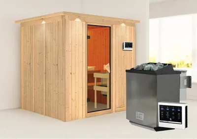 Produktbild von Elementsauna Karibu Sodina inkl. 9 kW  Ofen u.ext.Steuerung und Dachkranz mit bronzierter Ganzglastüre