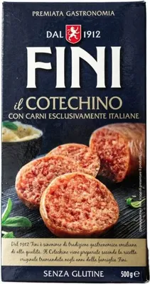 A box of Italian Cotechino sausage, with sliced sausage shown in the foreground.