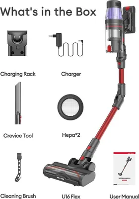 Image de U16 Flex - Aspirateur sans fil à batterie - Puissance d'aspiration 45000Pa - Autonomie 60 min - Tube articulé - Brosse anti-enchevêtrement - Prise UE - Blanc