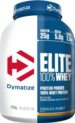 A Dymatize Elite 100% Whey Protein powder container.